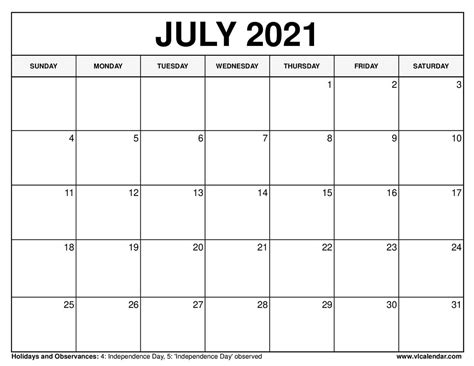 Free Printable Calendar 2021 July